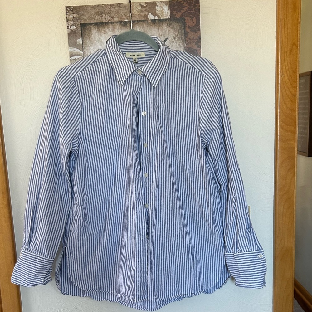 Max Studio blue and white striped oxford button down shirt